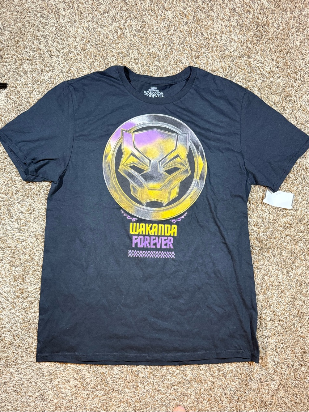 Marvel Black Wakanda Forever Tee with Yellow & Purple Emblem